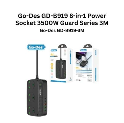 Go-Des GD-B919 8-in-1 Power Socket 3500W Guard Series 3M (3 UK Sockets, 2PD 20W, 3USB, Anti-static)